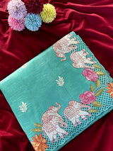 Exceptional Turquoise Embroidery Work Tussar Silk Saree With Jazzy Blouse Piece