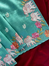 Exceptional Turquoise Embroidery Work Tussar Silk Saree With Jazzy Blouse Piece