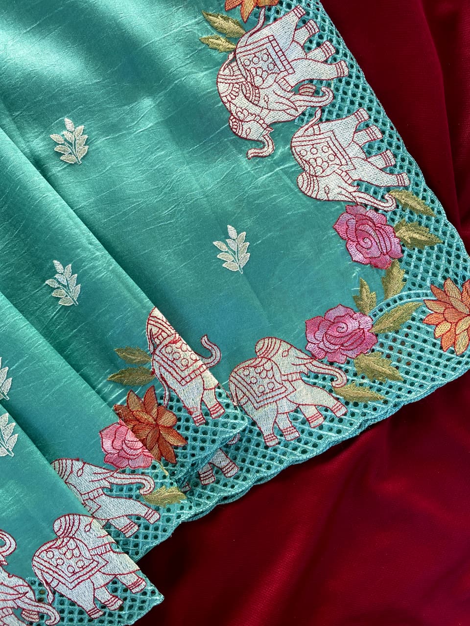 Exceptional Turquoise Embroidery Work Tussar Silk Saree With Jazzy Blouse Piece