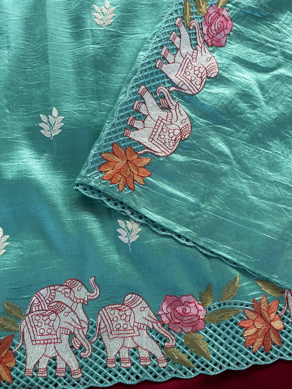 Exceptional Turquoise Embroidery Work Tussar Silk Saree With Jazzy Blouse Piece