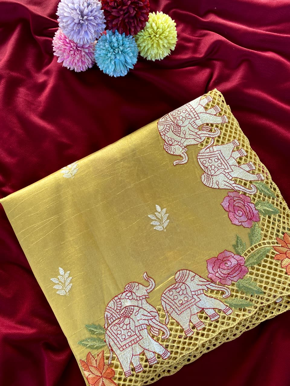 Nebula Yellow Embroidery Work Tussar Silk Saree With Splendorous Blouse Piece