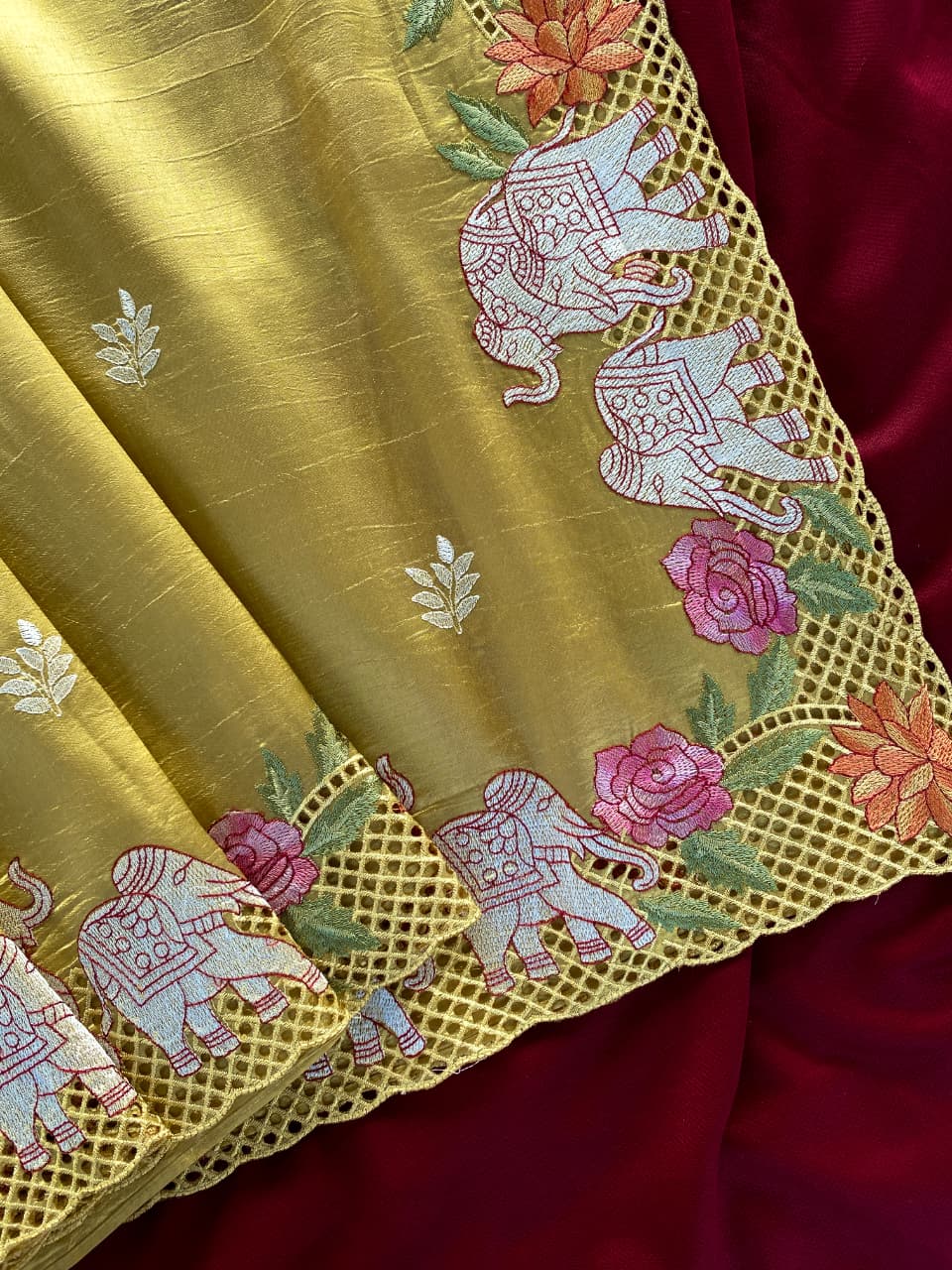 Nebula Yellow Embroidery Work Tussar Silk Saree With Splendorous Blouse Piece
