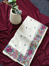 Stunner Off White Embroidery Work Tissue Silk Saree With Smashing Blouse Piece