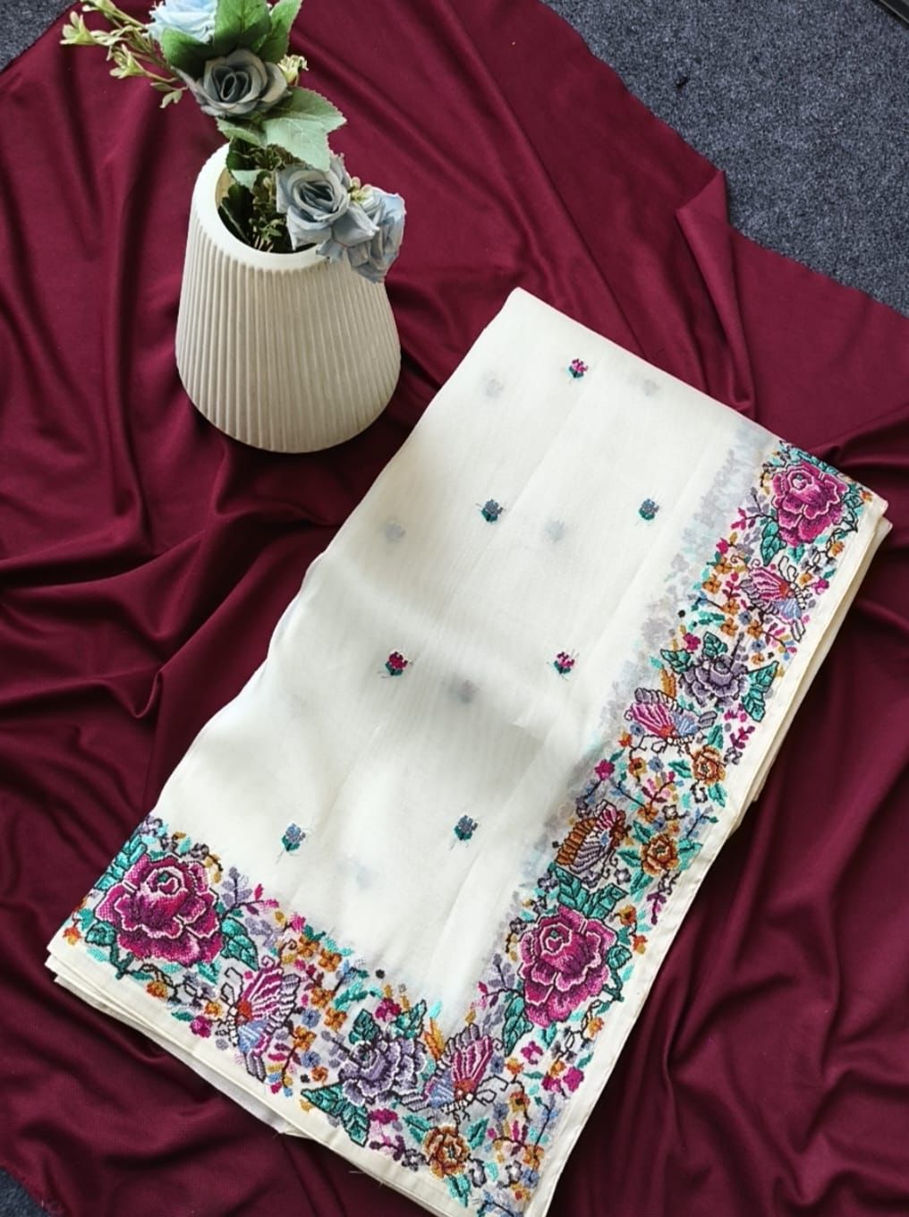 Stunner Off White Embroidery Work Tissue Silk Saree With Smashing Blouse Piece