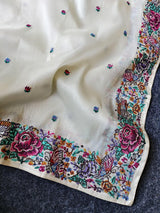 Stunner Off White Embroidery Work Tissue Silk Saree With Smashing Blouse Piece