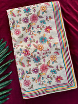 Divine Off White Embroidery Work Tussar Silk Saree With Innovative Blouse Piece