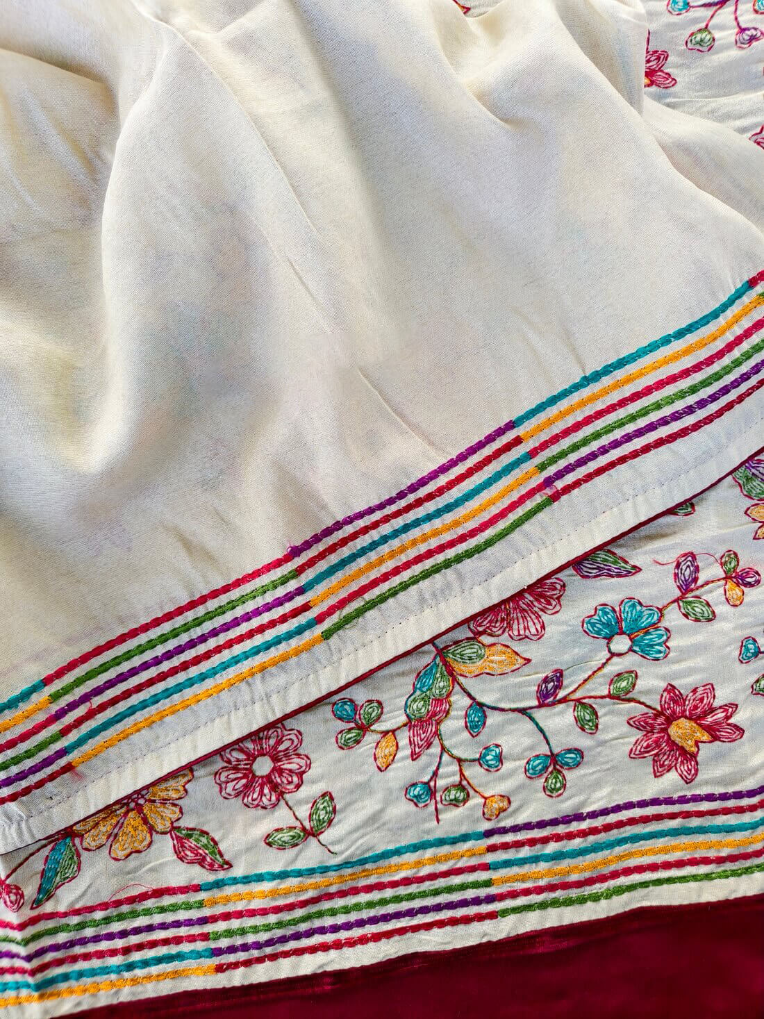 Divine Off White Embroidery Work Tussar Silk Saree With Innovative Blouse Piece