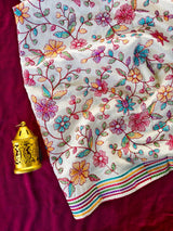 Divine Off White Embroidery Work Tussar Silk Saree With Innovative Blouse Piece