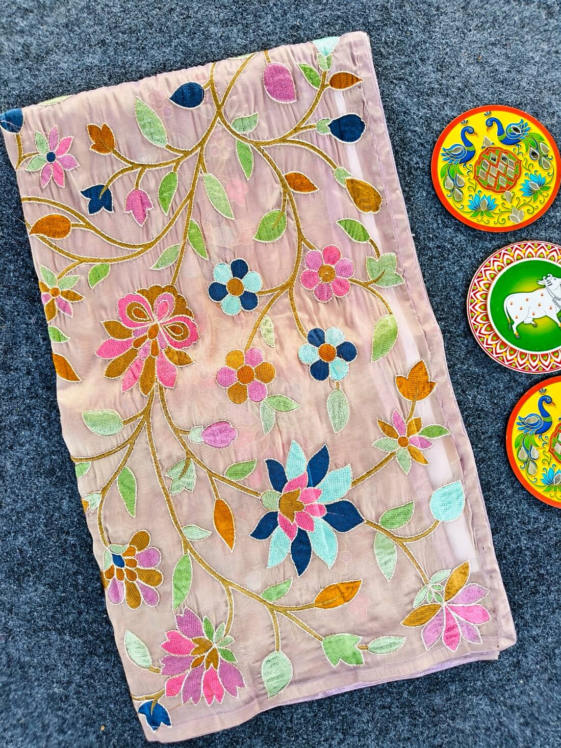 Ineffable Baby Pink Embroidery Work Tissue Silk Saree With Tremendous Blouse Piece