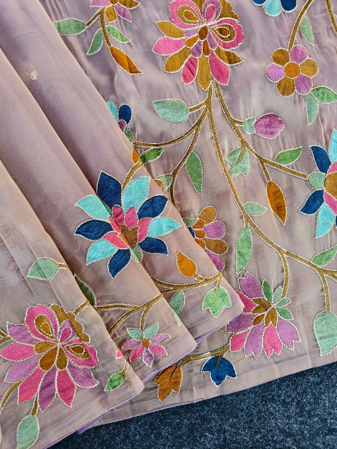 Ineffable Baby Pink Embroidery Work Tissue Silk Saree With Tremendous Blouse Piece