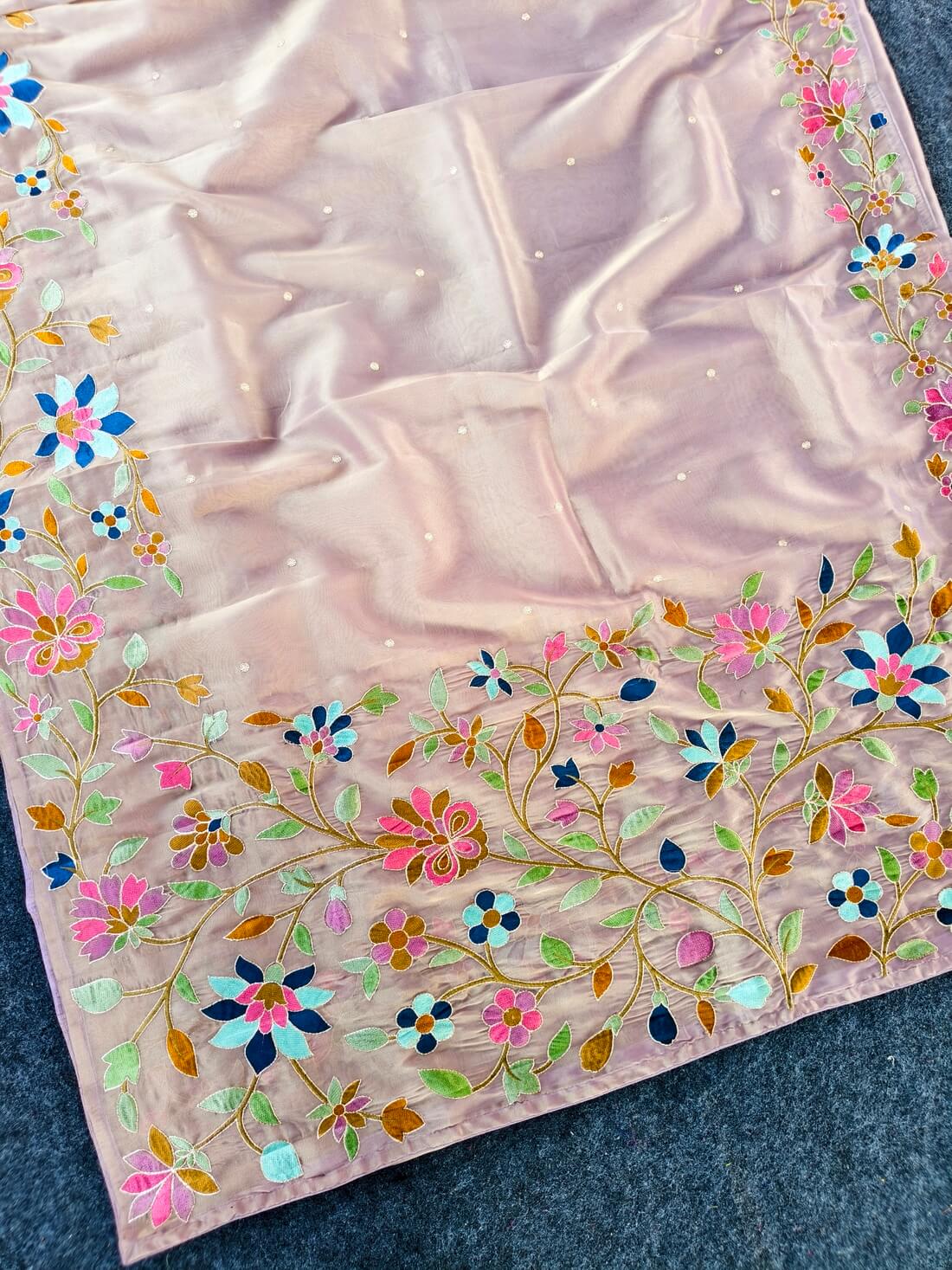 Ineffable Baby Pink Embroidery Work Tissue Silk Saree With Tremendous Blouse Piece
