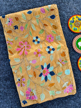 Pleasant Peach Embroidery Work Tissue Silk Saree With Tantalizing Blouse Piece