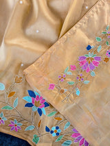 Pleasant Peach Embroidery Work Tissue Silk Saree With Tantalizing Blouse Piece