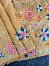 Pleasant Peach Embroidery Work Tissue Silk Saree With Tantalizing Blouse Piece