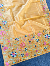 Pleasant Peach Embroidery Work Tissue Silk Saree With Tantalizing Blouse Piece