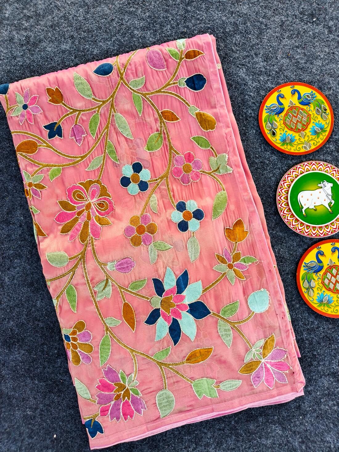 Dulcet Pink Embroidery Work Tissue Silk Saree With Gorgeous Blouse Piece