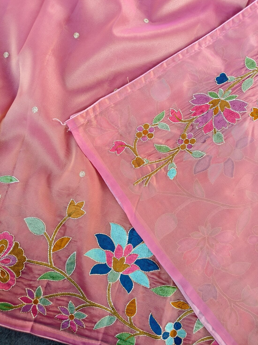 Dulcet Pink Embroidery Work Tissue Silk Saree With Gorgeous Blouse Piece