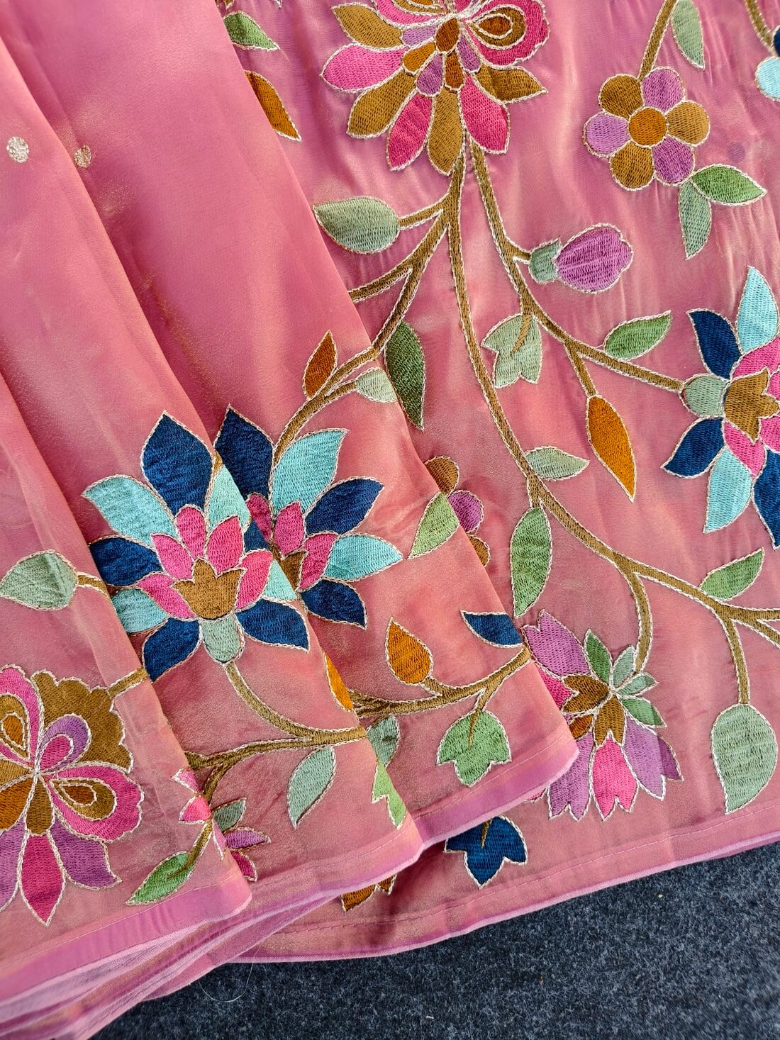 Dulcet Pink Embroidery Work Tissue Silk Saree With Gorgeous Blouse Piece