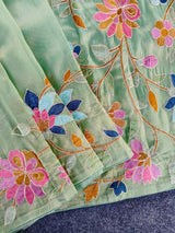 Gossamer Pista Embroidery Work Tissue Silk Saree With Lustrous Blouse Piece