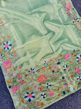 Gossamer Pista Embroidery Work Tissue Silk Saree With Lustrous Blouse Piece