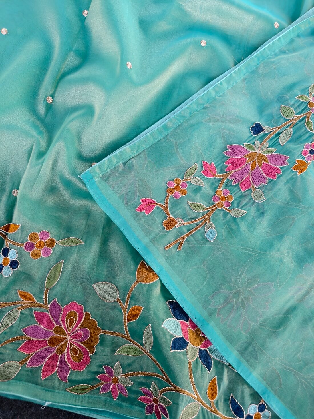 Prodigal Turquoise Embroidery Work Tissue Silk Saree With Majesty Blouse Piece