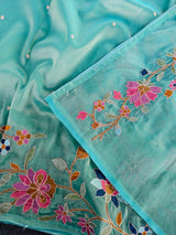 Prodigal Turquoise Embroidery Work Tissue Silk Saree With Majesty Blouse Piece