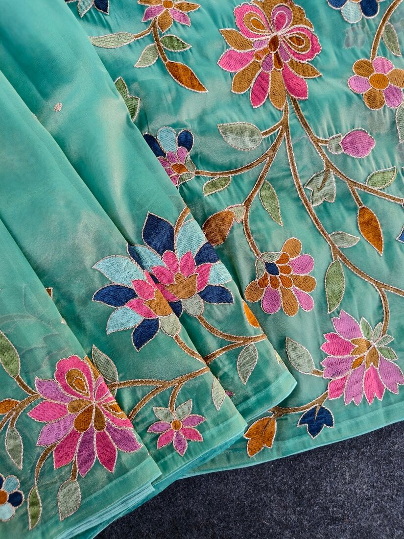 Prodigal Turquoise Embroidery Work Tissue Silk Saree With Majesty Blouse Piece