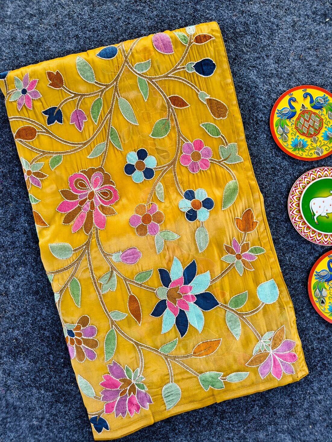 Eclat Yellow Embroidery Work Tissue Silk Saree With Beautiful Blouse Piece