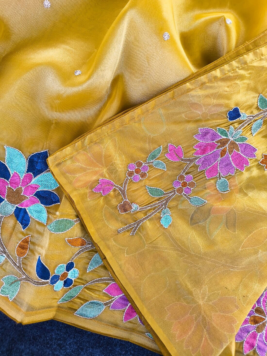 Eclat Yellow Embroidery Work Tissue Silk Saree With Beautiful Blouse Piece