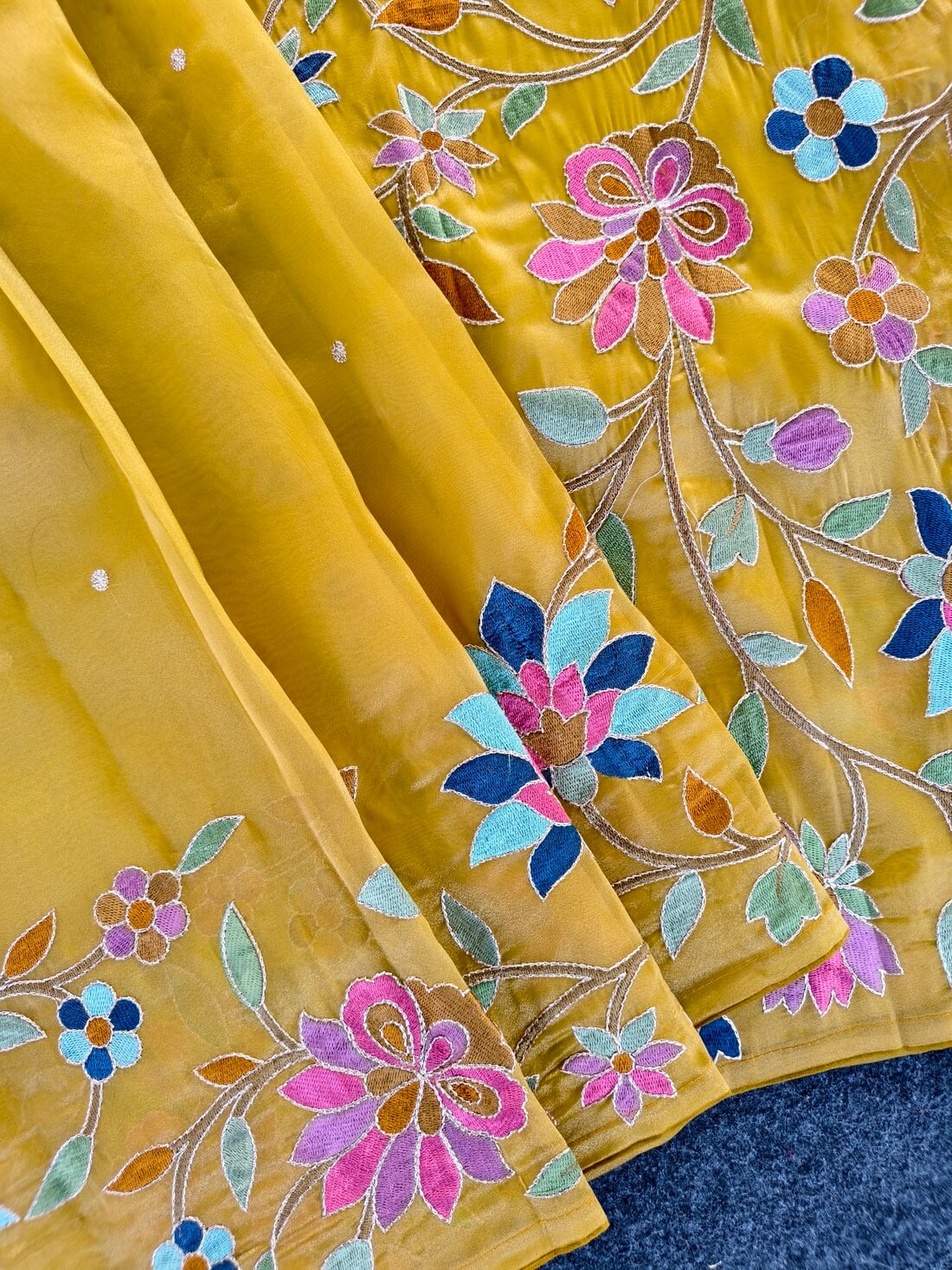 Eclat Yellow Embroidery Work Tissue Silk Saree With Beautiful Blouse Piece