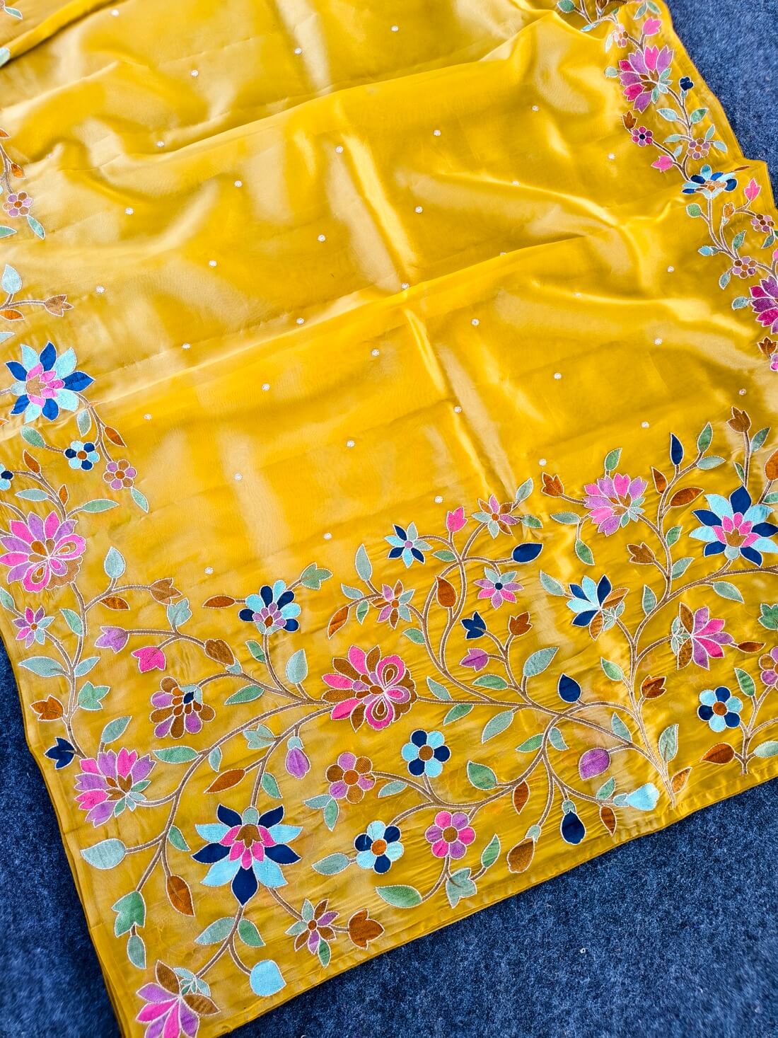 Eclat Yellow Embroidery Work Tissue Silk Saree With Beautiful Blouse Piece
