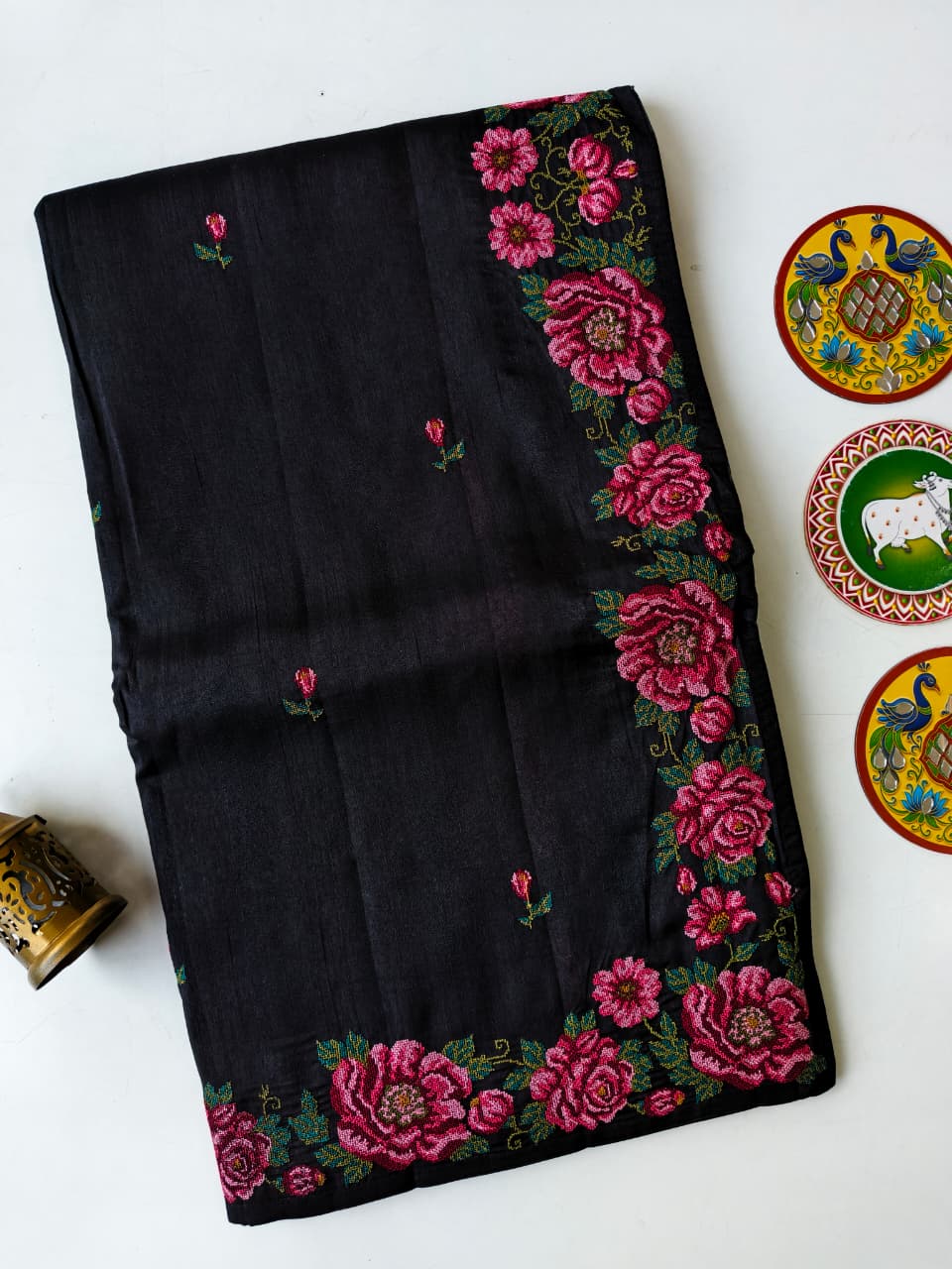 Ethereal Black Embroidery Work Tussar Silk Saree With Artistic Blouse Piece