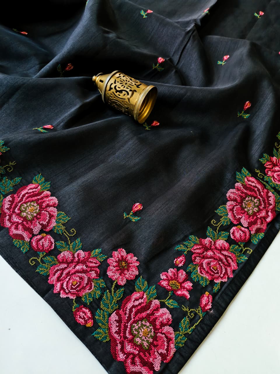 Ethereal Black Embroidery Work Tussar Silk Saree With Artistic Blouse Piece