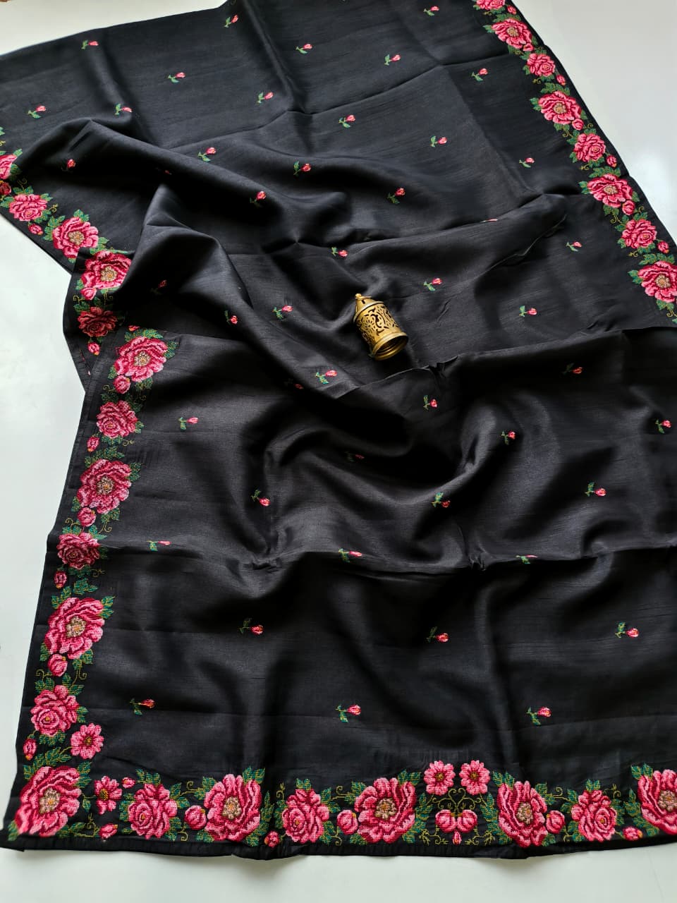 Ethereal Black Embroidery Work Tussar Silk Saree With Artistic Blouse Piece
