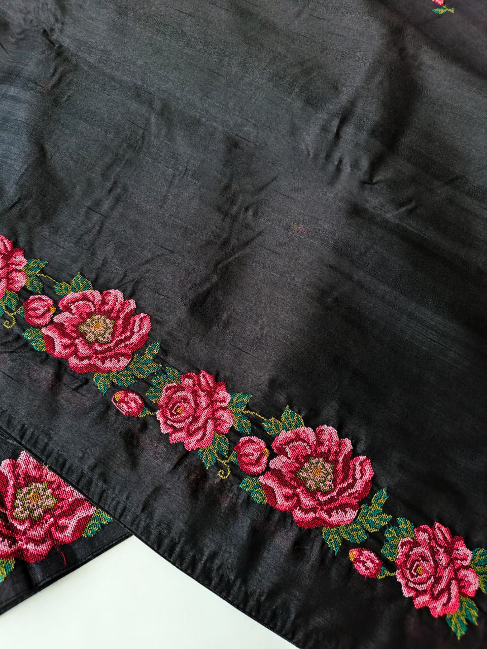Ethereal Black Embroidery Work Tussar Silk Saree With Artistic Blouse Piece