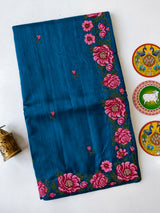 Susurrous Blue Embroidery Work Tussar Silk Saree With Glamorous Blouse Piece