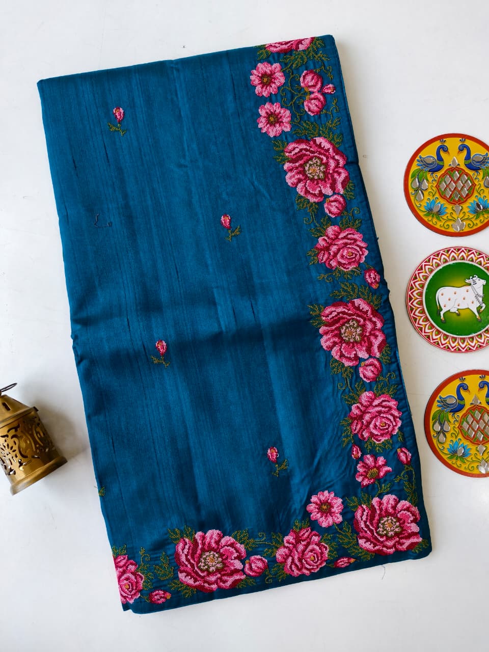 Susurrous Blue Embroidery Work Tussar Silk Saree With Glamorous Blouse Piece