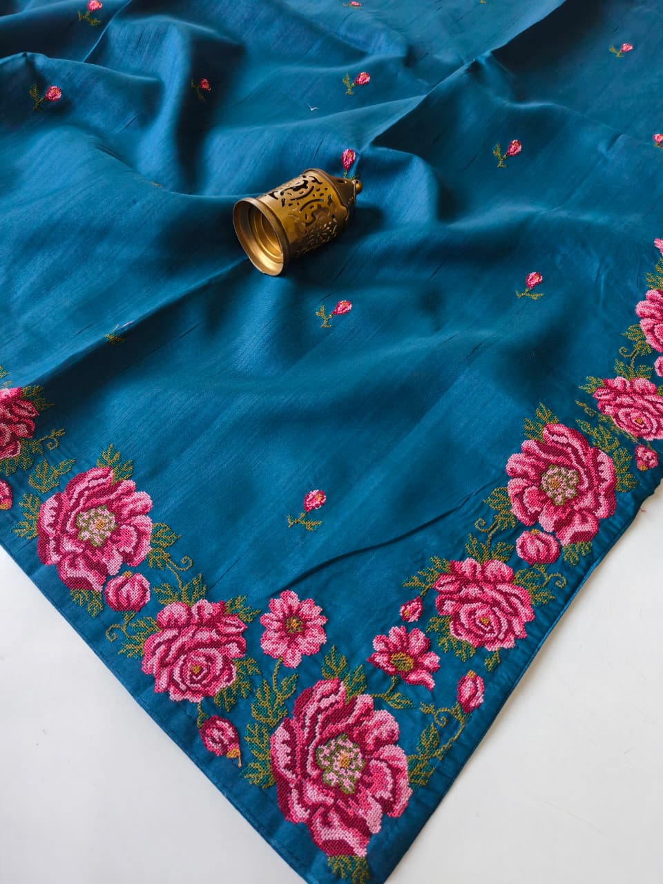 Susurrous Blue Embroidery Work Tussar Silk Saree With Glamorous Blouse Piece