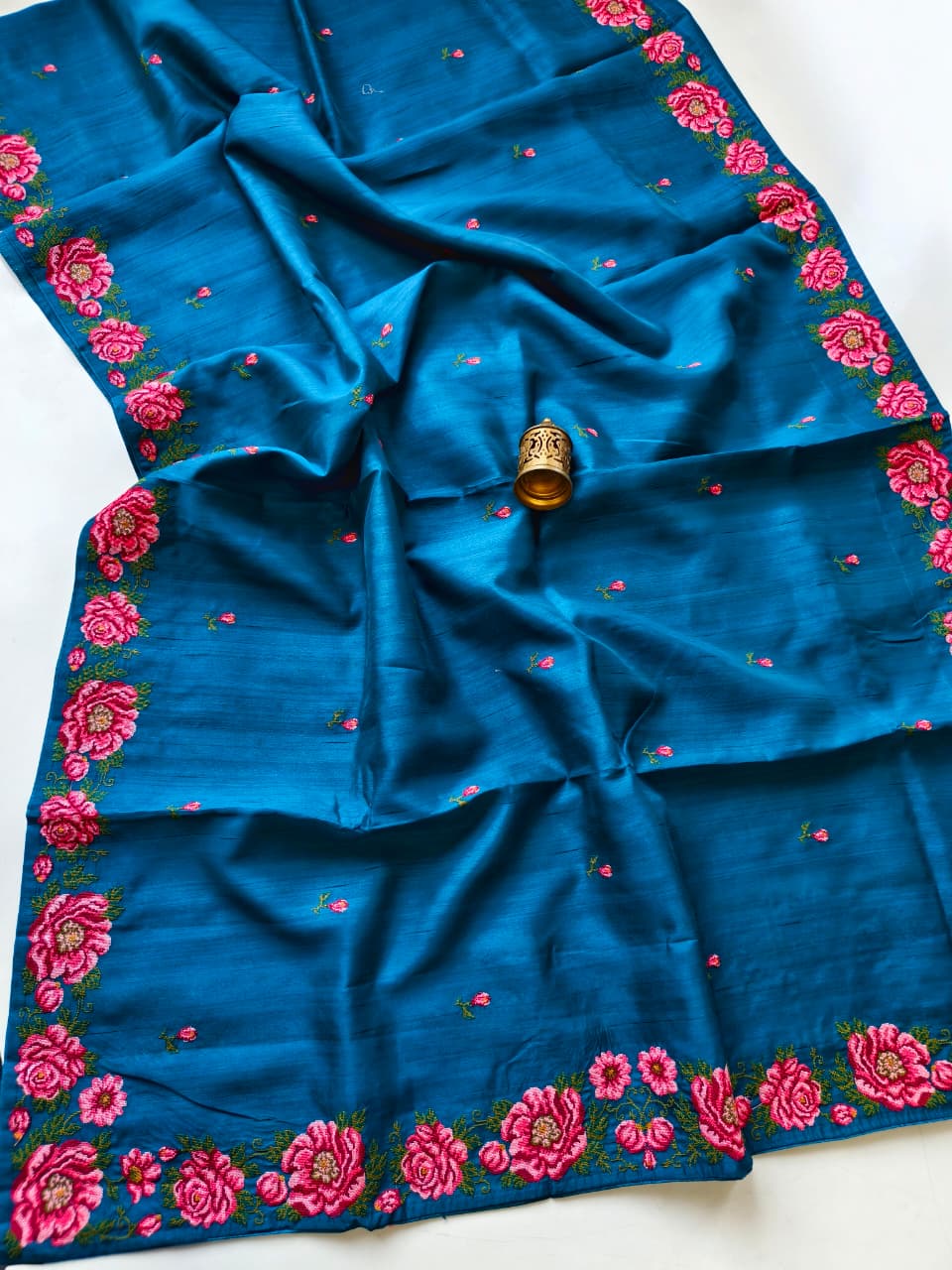 Susurrous Blue Embroidery Work Tussar Silk Saree With Glamorous Blouse Piece