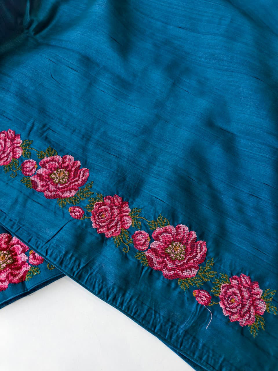 Susurrous Blue Embroidery Work Tussar Silk Saree With Glamorous Blouse Piece