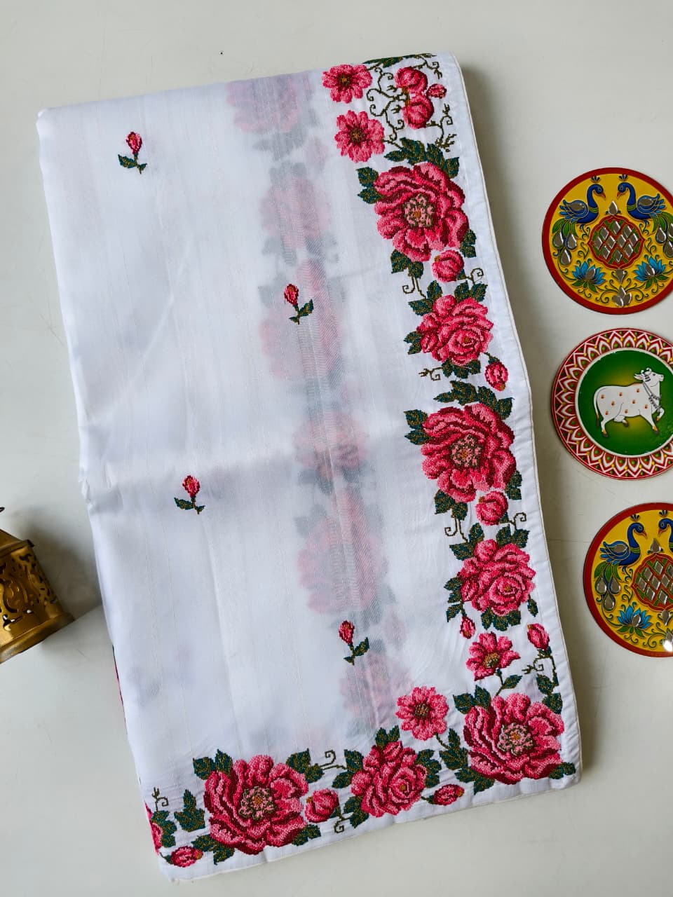 Lustrous Off White Embroidery Work Tussar Silk Saree With Beguiling Blouse Piece