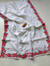 Lustrous Off White Embroidery Work Tussar Silk Saree With Beguiling Blouse Piece