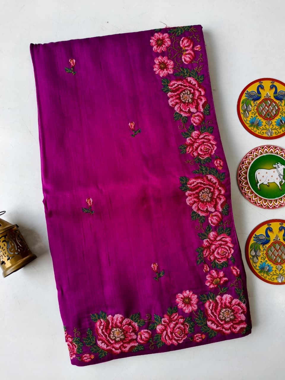 Assemblage Purple Embroidery Work Tussar Silk Saree With Unique Blouse Piece