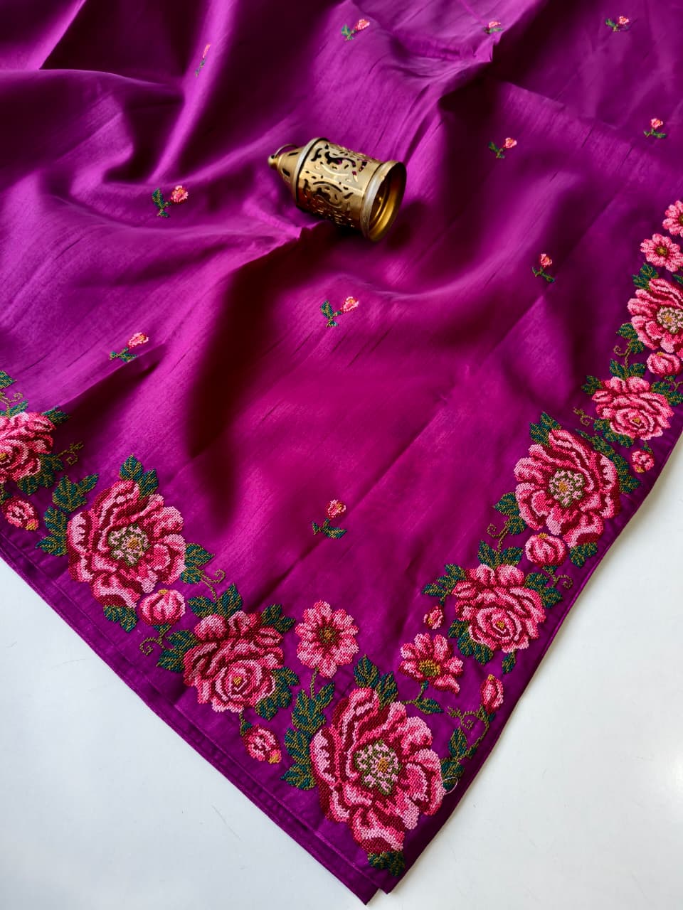 Assemblage Purple Embroidery Work Tussar Silk Saree With Unique Blouse Piece
