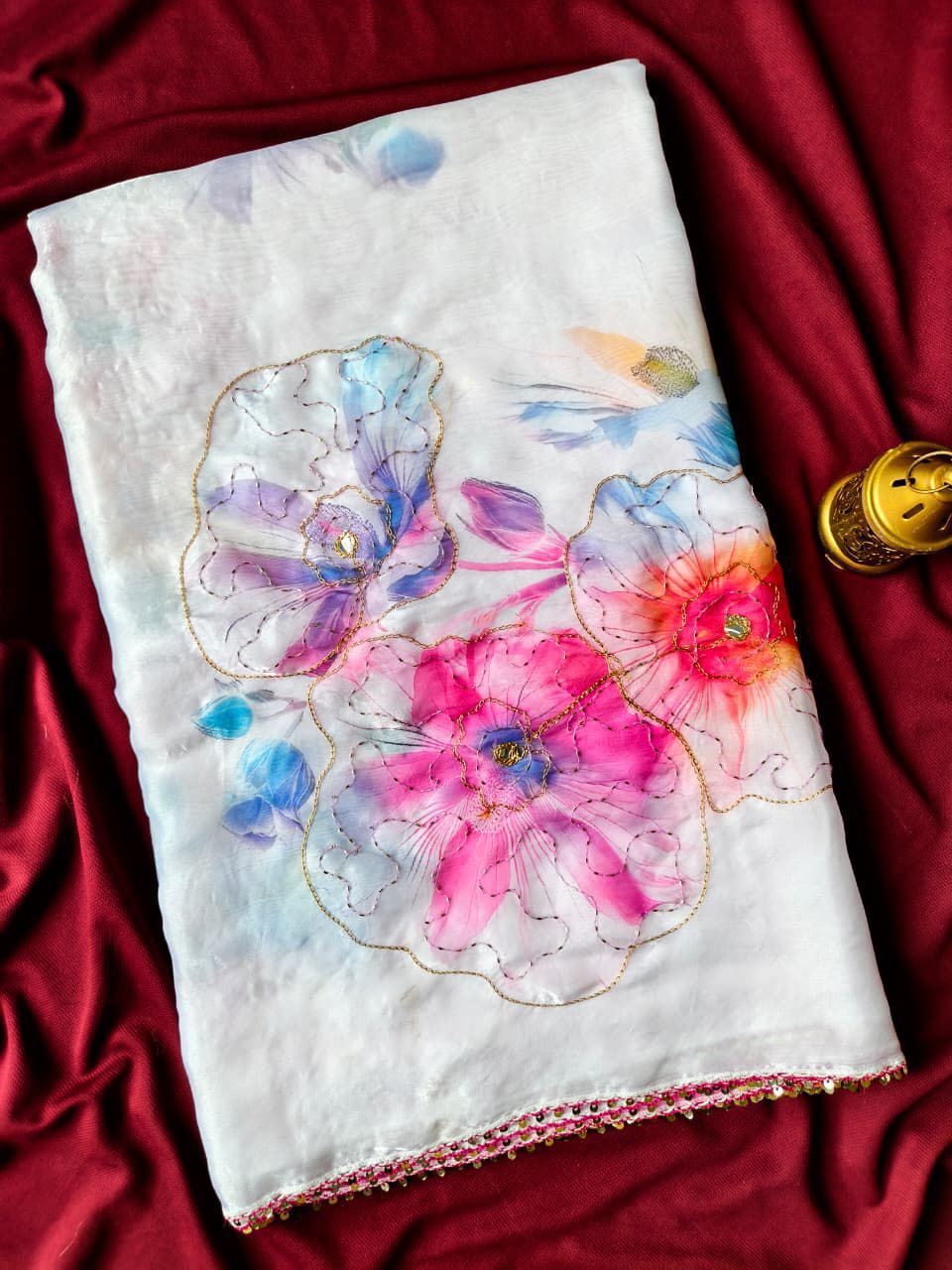 Groovy Off White Handwork Fandy Silk Saree With Fantabulous Blouse Piece