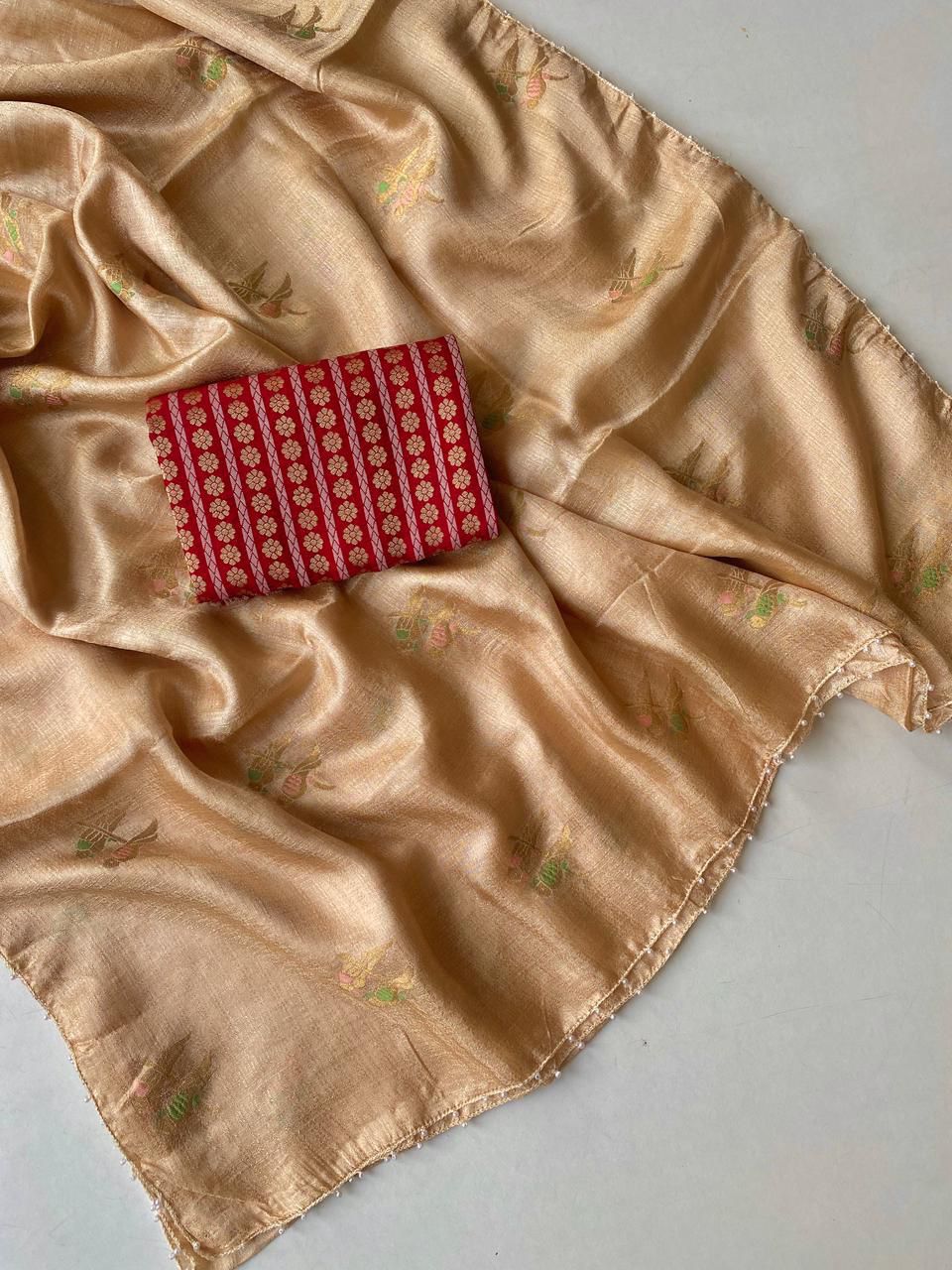 Posh Beige Embroidery Work Crush Silk Saree With Exuberant Blouse Piece
