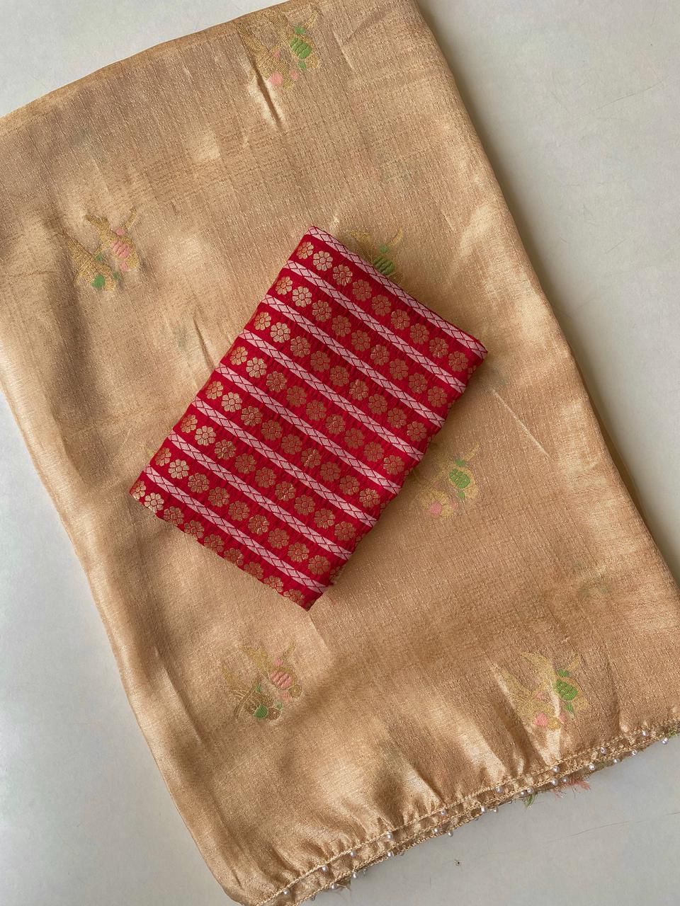 Posh Beige Embroidery Work Crush Silk Saree With Exuberant Blouse Piece