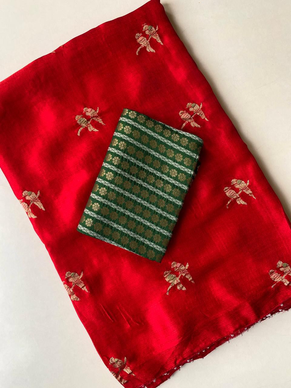 Whimsical Red Embroidery Work Crush Silk Saree With Ailurophile Blouse Piece