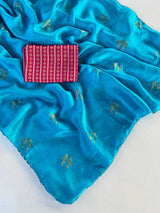 Mesmeric Sky Embroidery Work Crush Silk Saree With Forbearance Blouse Piece