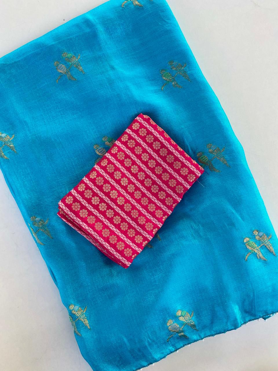 Mesmeric Sky Embroidery Work Crush Silk Saree With Forbearance Blouse Piece